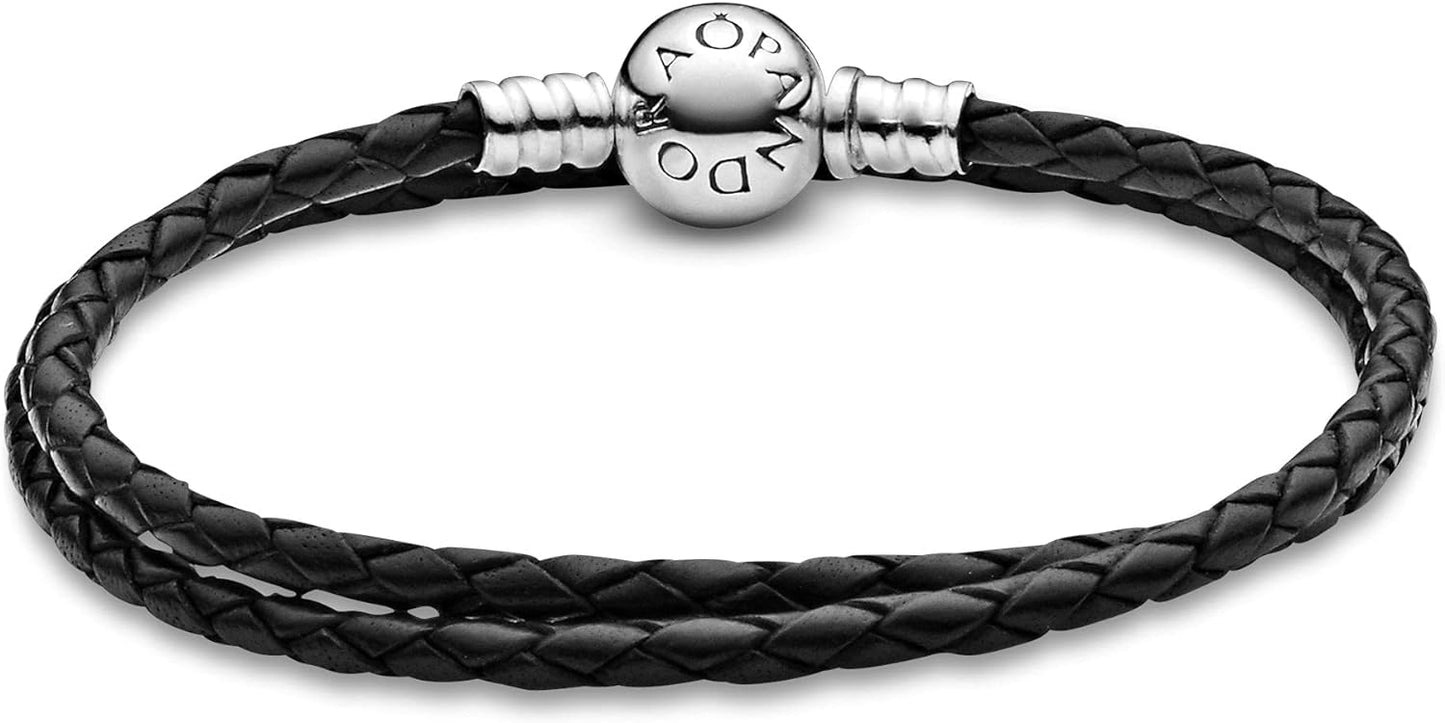 Pandora Moments Sterling Silver Leather Black Leather Bracelet