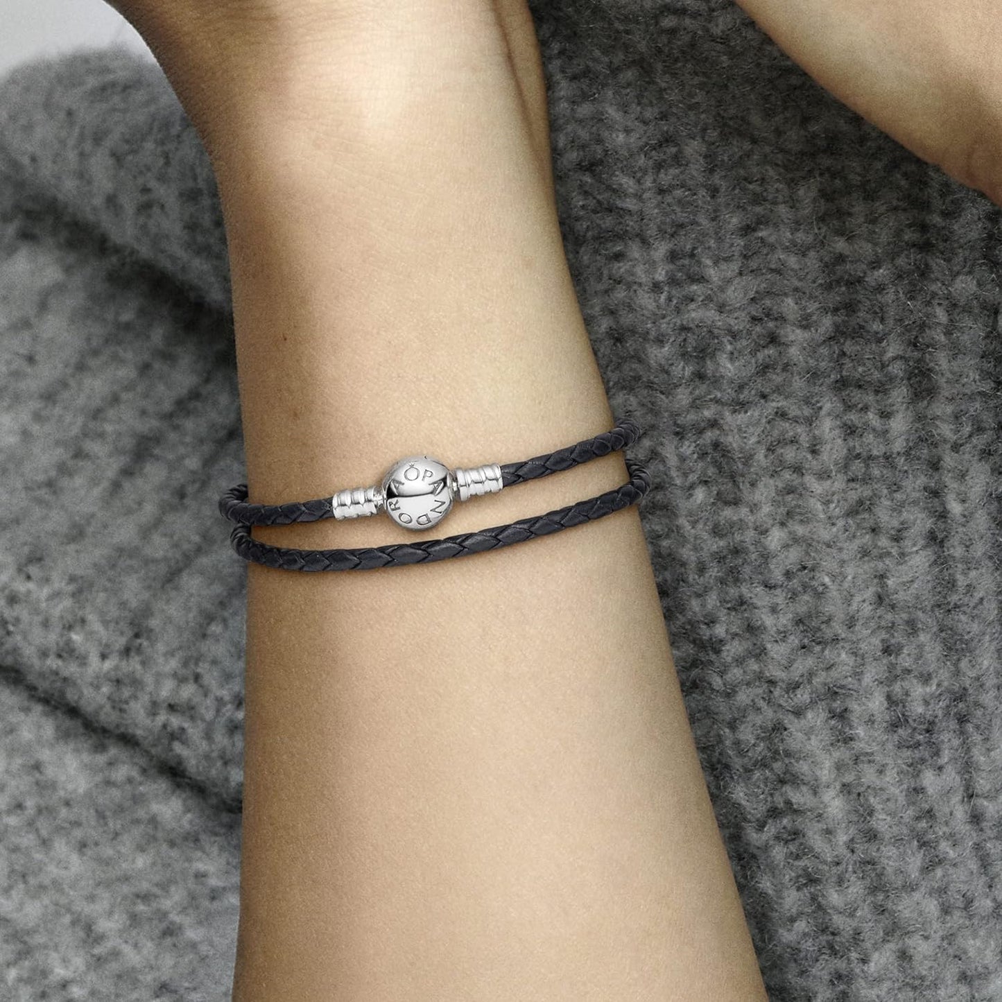 Pandora Moments Sterling Silver Leather Black Leather Bracelet